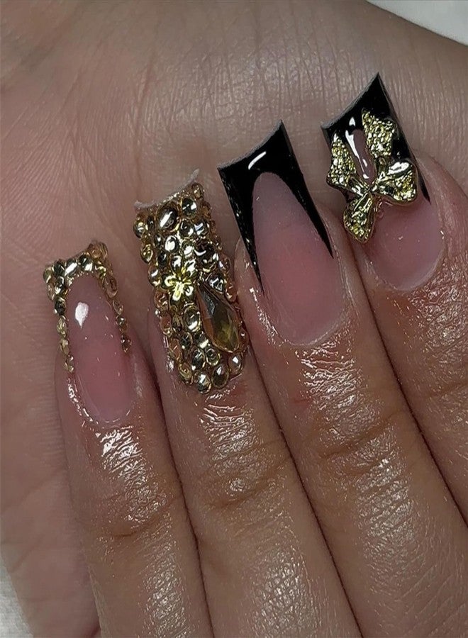 SINHOT Square Press on Nails Medium - Black French Tip Fake Nails Glossy Glue on Nails 3D Gold Bowknot Acrylic Nail Luxury Rhinestones Squoval Artificial Nail Stick on False Nail with Design 24pcs - Image 2